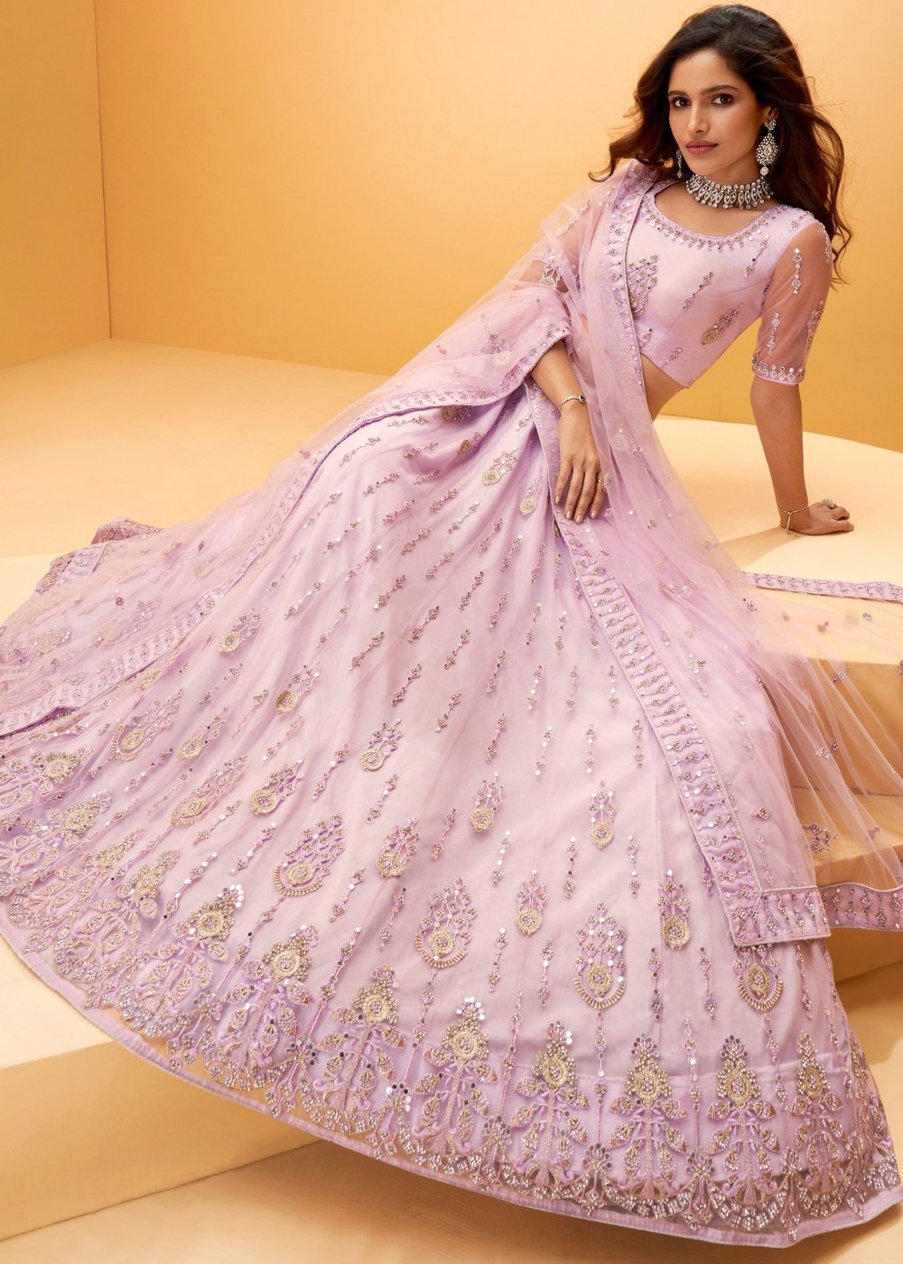 Lavender Purple Net Lehenga Choli with Thread Embroidery,Mirror & Zarkan work