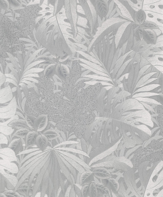 Metallic Jungle Leaves Silver Wallpaper from Eden Collection by Galerie Wallcoverings