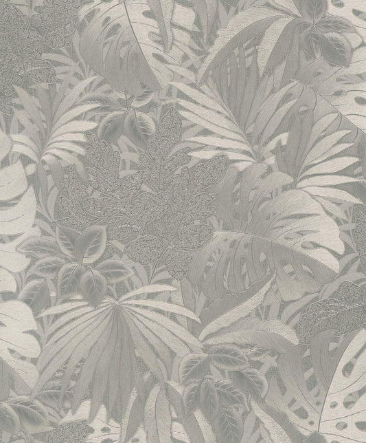 Metallic Jungle Leaves Platinum Wallpaper from Eden Collection by Galerie Wallcoverings