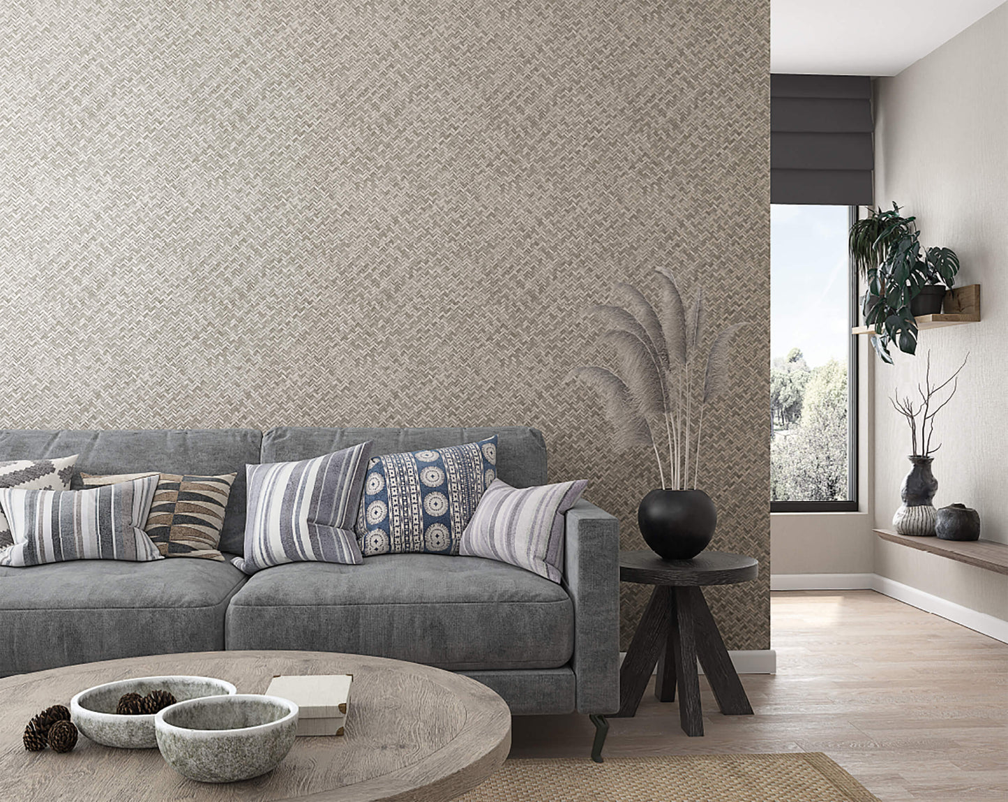 Rattan Greige Wallpaper from Eden Collection by Galerie Wallcoverings