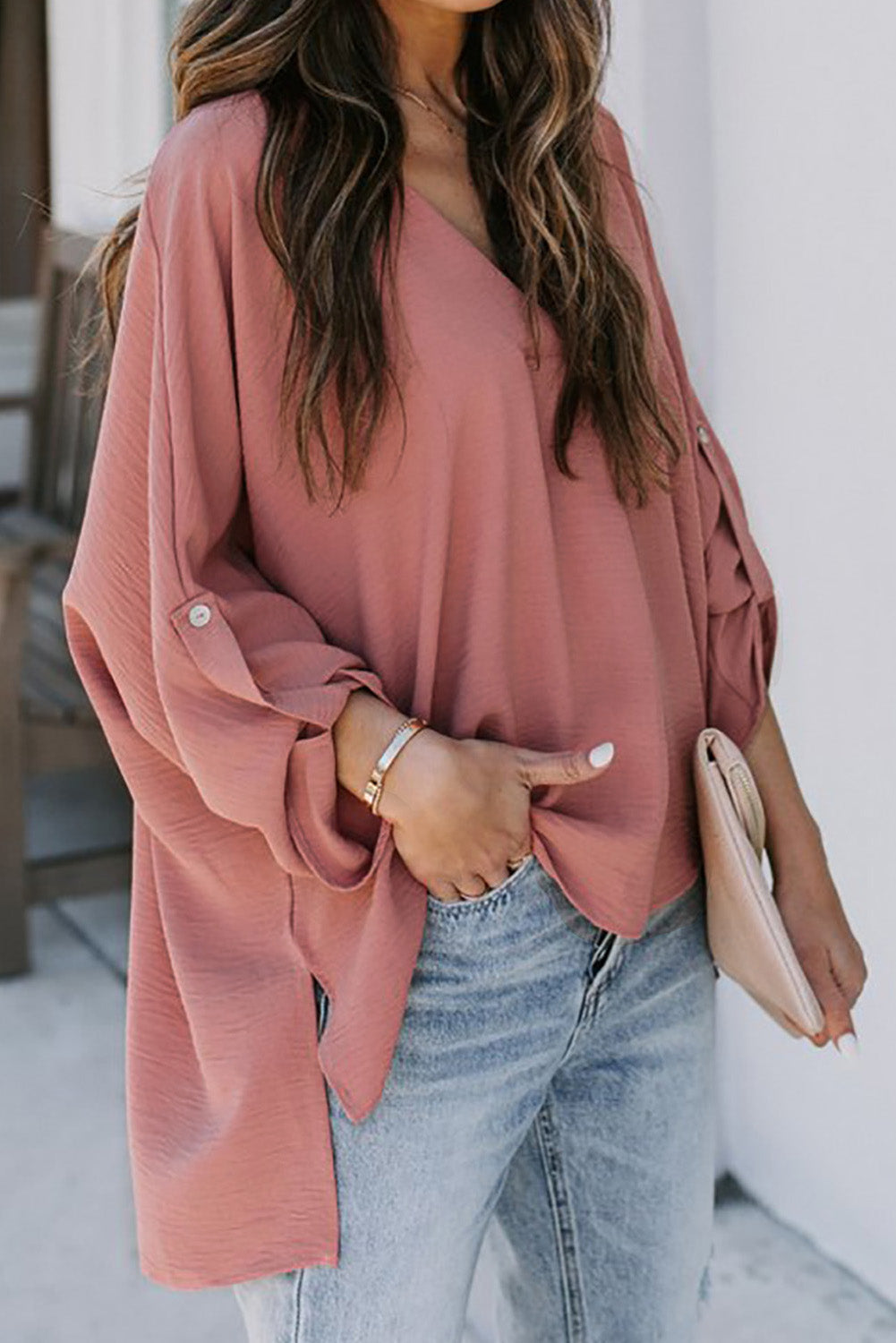 V-Neck Slit High-Low Blouse