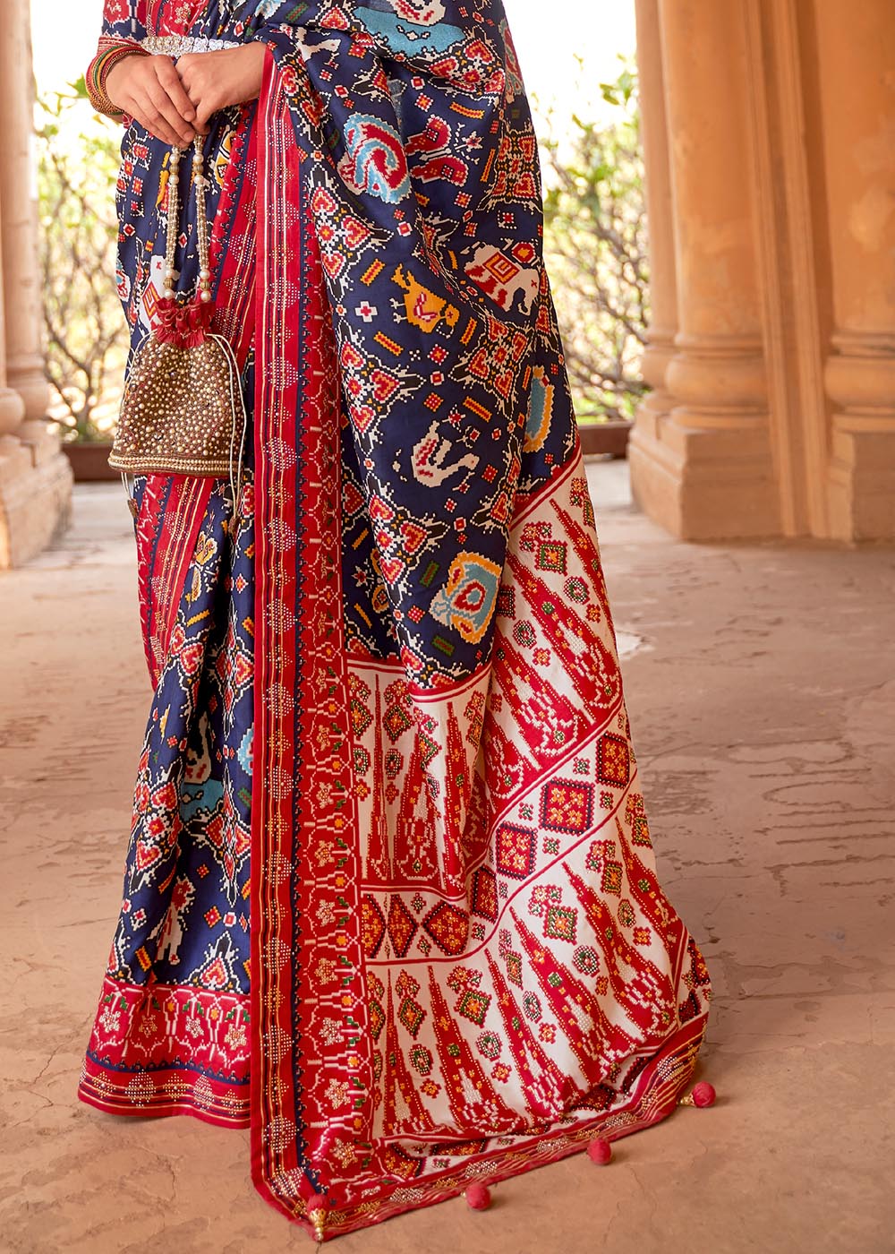 Indigo Blue Printed Patola Silk Saree with Zari Border & Tassels on Pallu(Pre-Order)