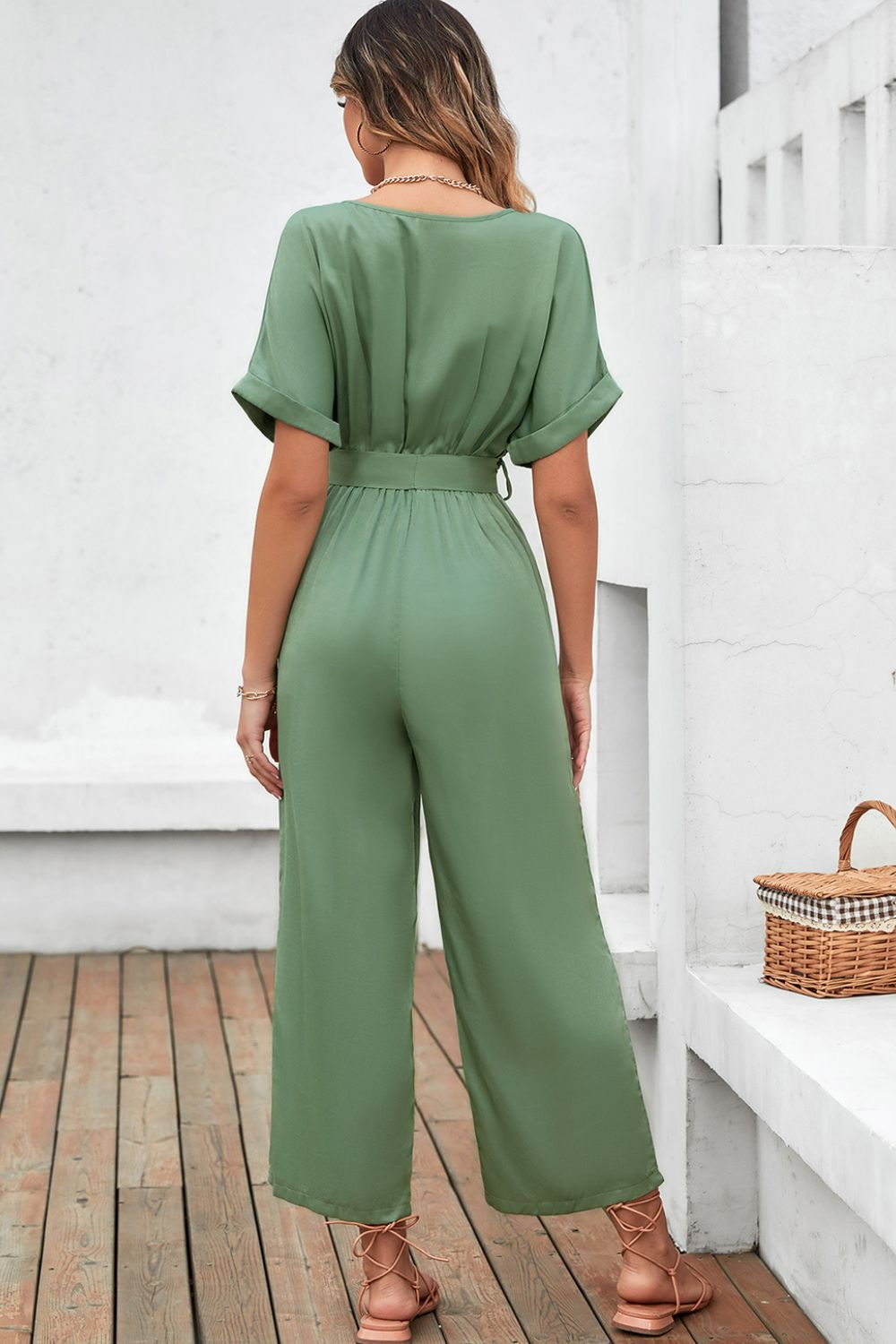 Tie Waist Surplice Wide Leg Jumpsuit