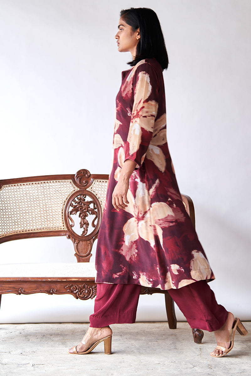 Maroon and Beige Bemberg Silk Printed Co-ord Set