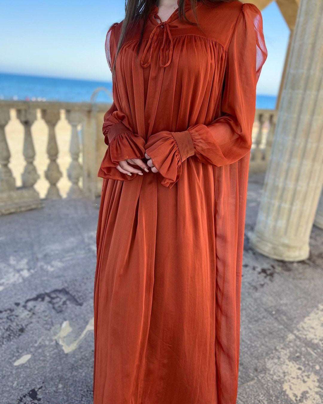 María José Rust Gathered Front Maxi Dress