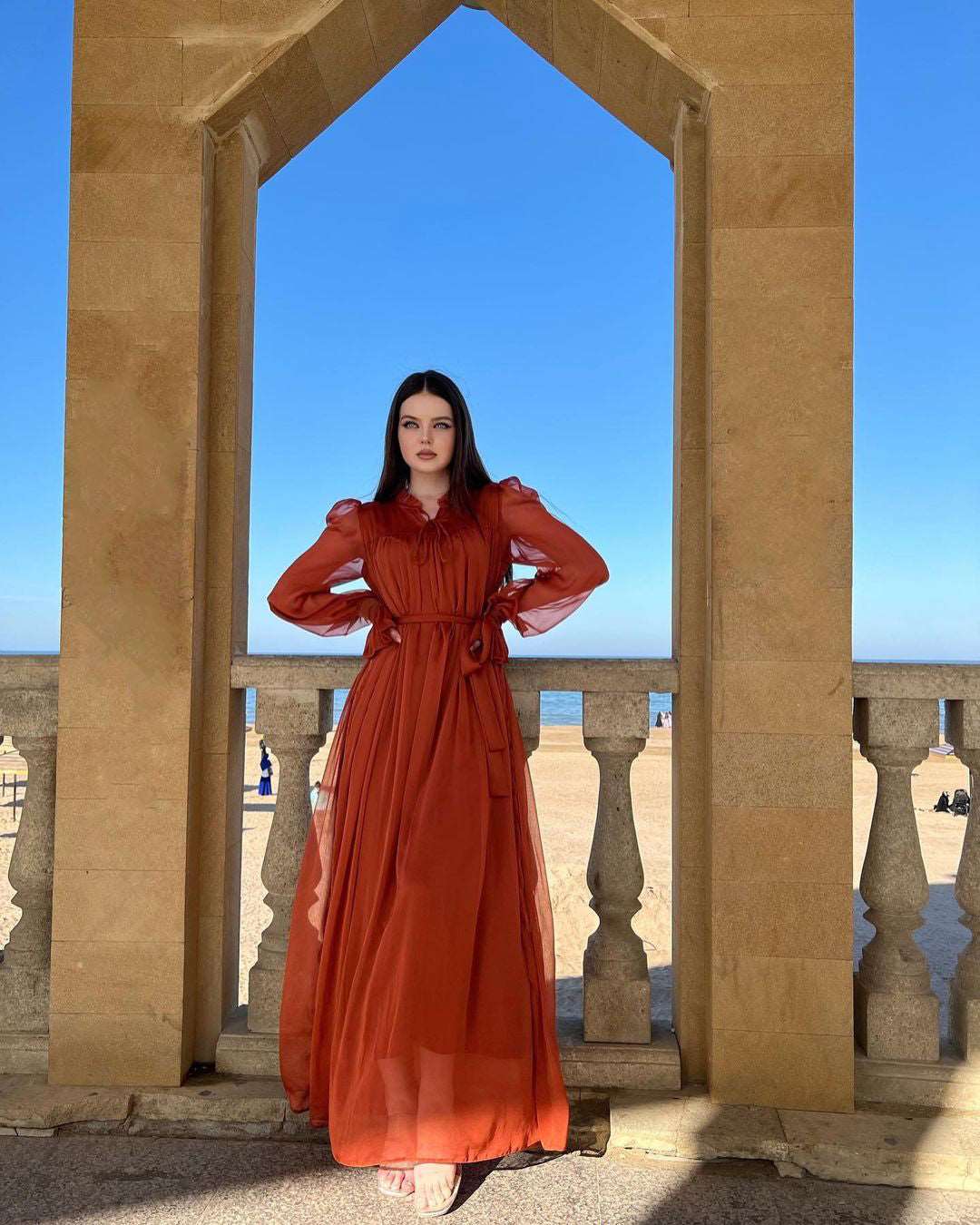 María José Rust Gathered Front Maxi Dress