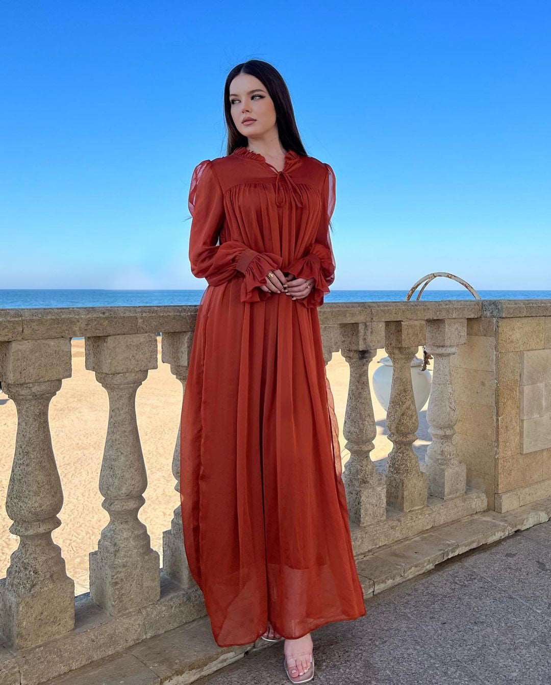María José Rust Gathered Front Maxi Dress