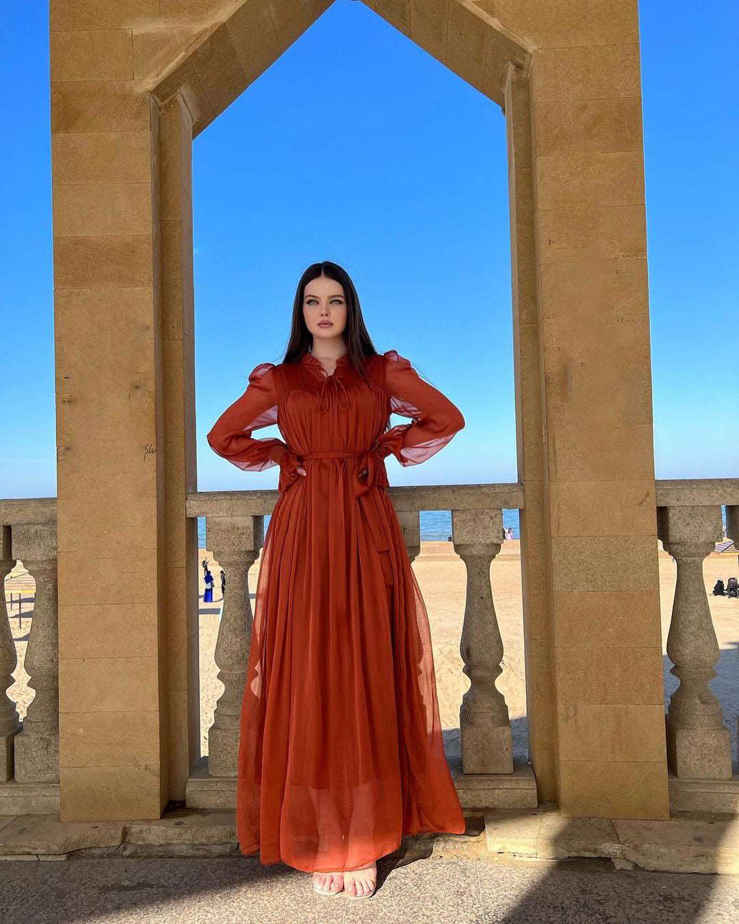 María José Rust Gathered Front Maxi Dress