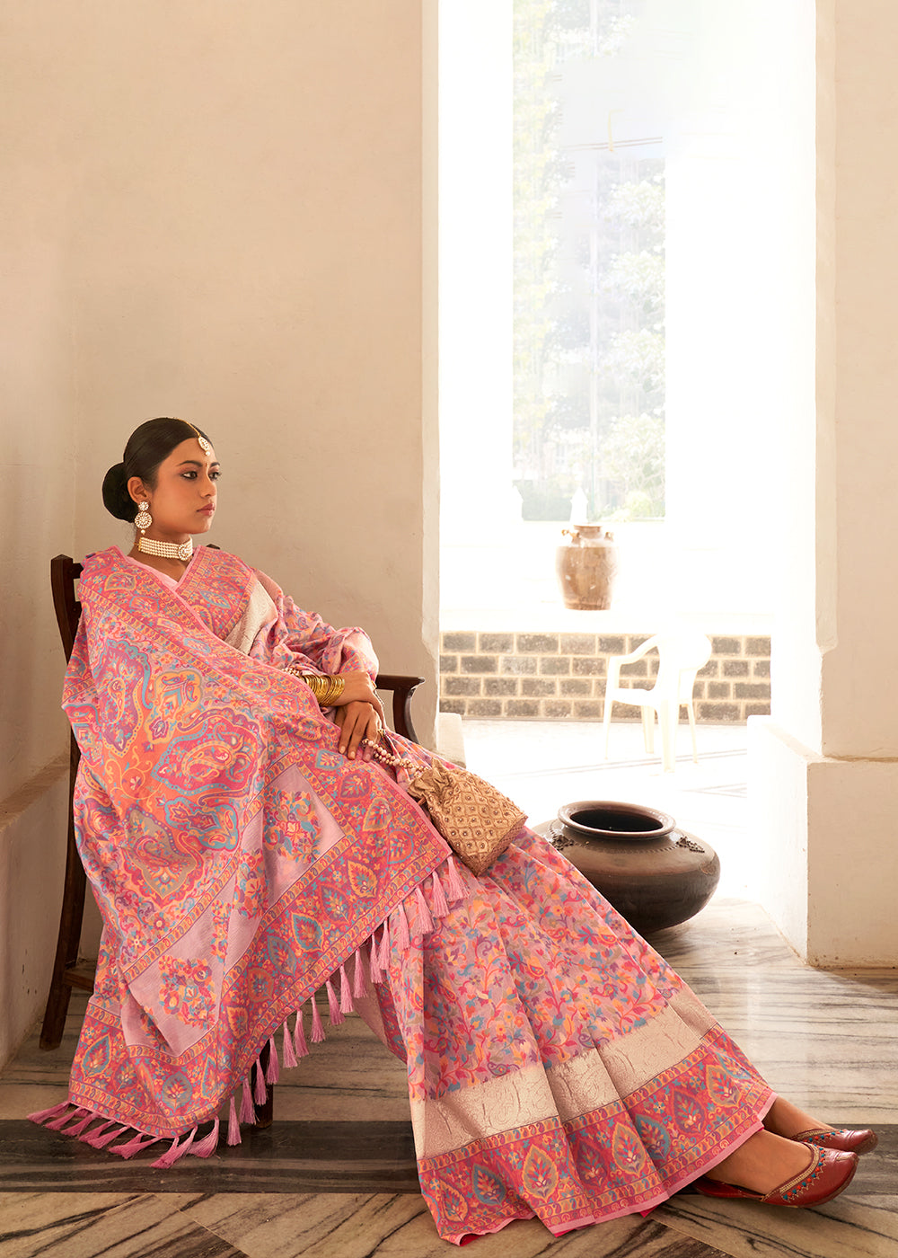 Brink Pink Banarasi Jamawar Kashmiri Woven Silk Saree