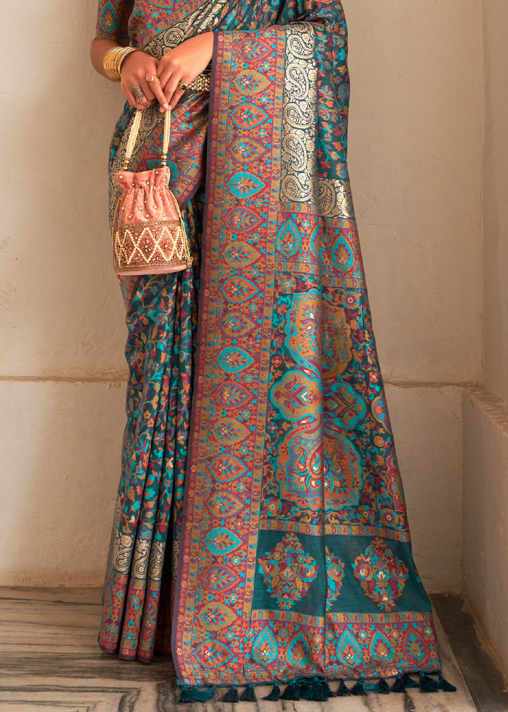 Prussian Blue Banarasi Jamawar Kashmiri Woven Silk Saree