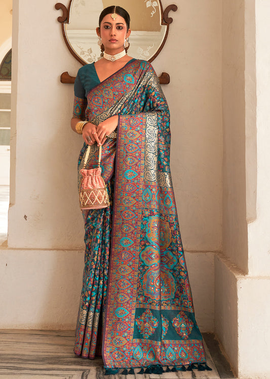 Prussian Blue Banarasi Jamawar Kashmiri Woven Silk Saree