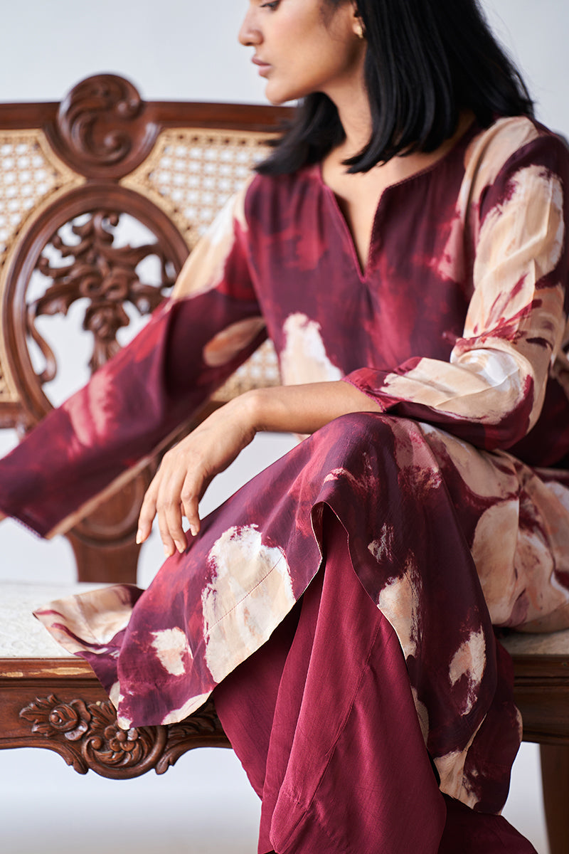 Maroon and Beige Bemberg Silk Printed Co-ord Set