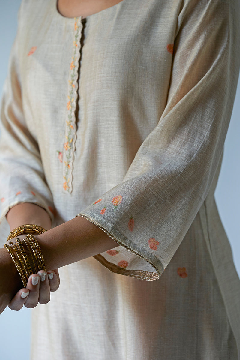 Beige Woven Kurta Suit Set With Delicate Hand Work Detailing and Embroidery Placket