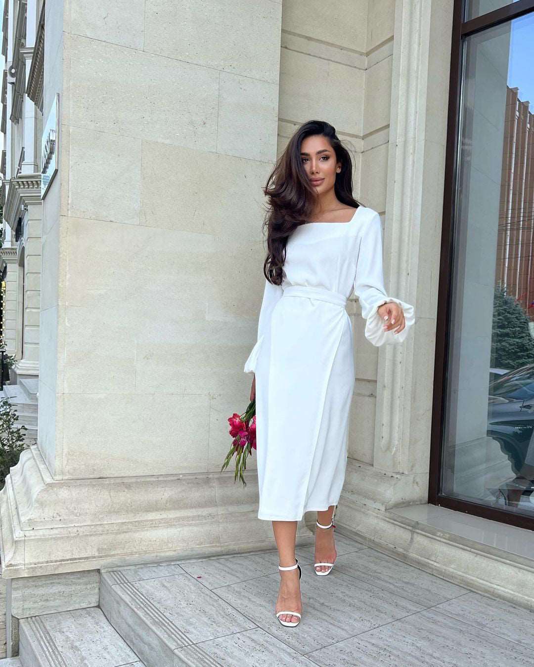 Carmen White Square Neck Midi Dress