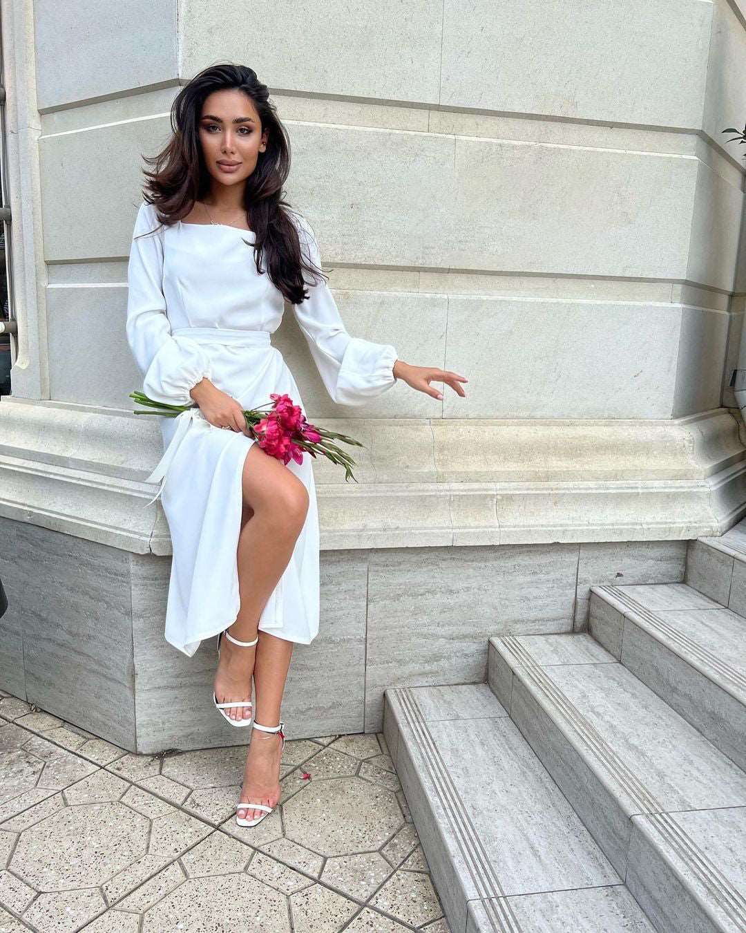 Carmen White Square Neck Midi Dress