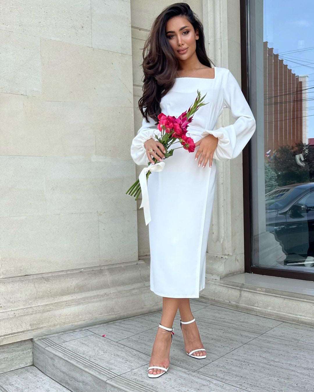 Carmen White Square Neck Midi Dress
