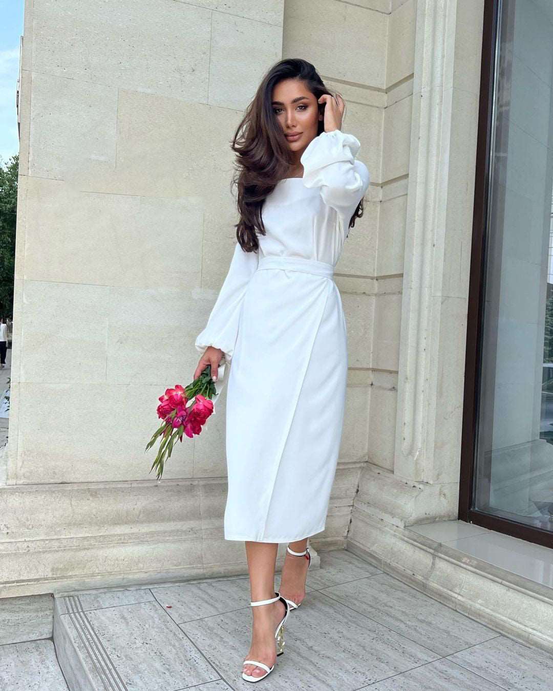 Carmen White Square Neck Midi Dress