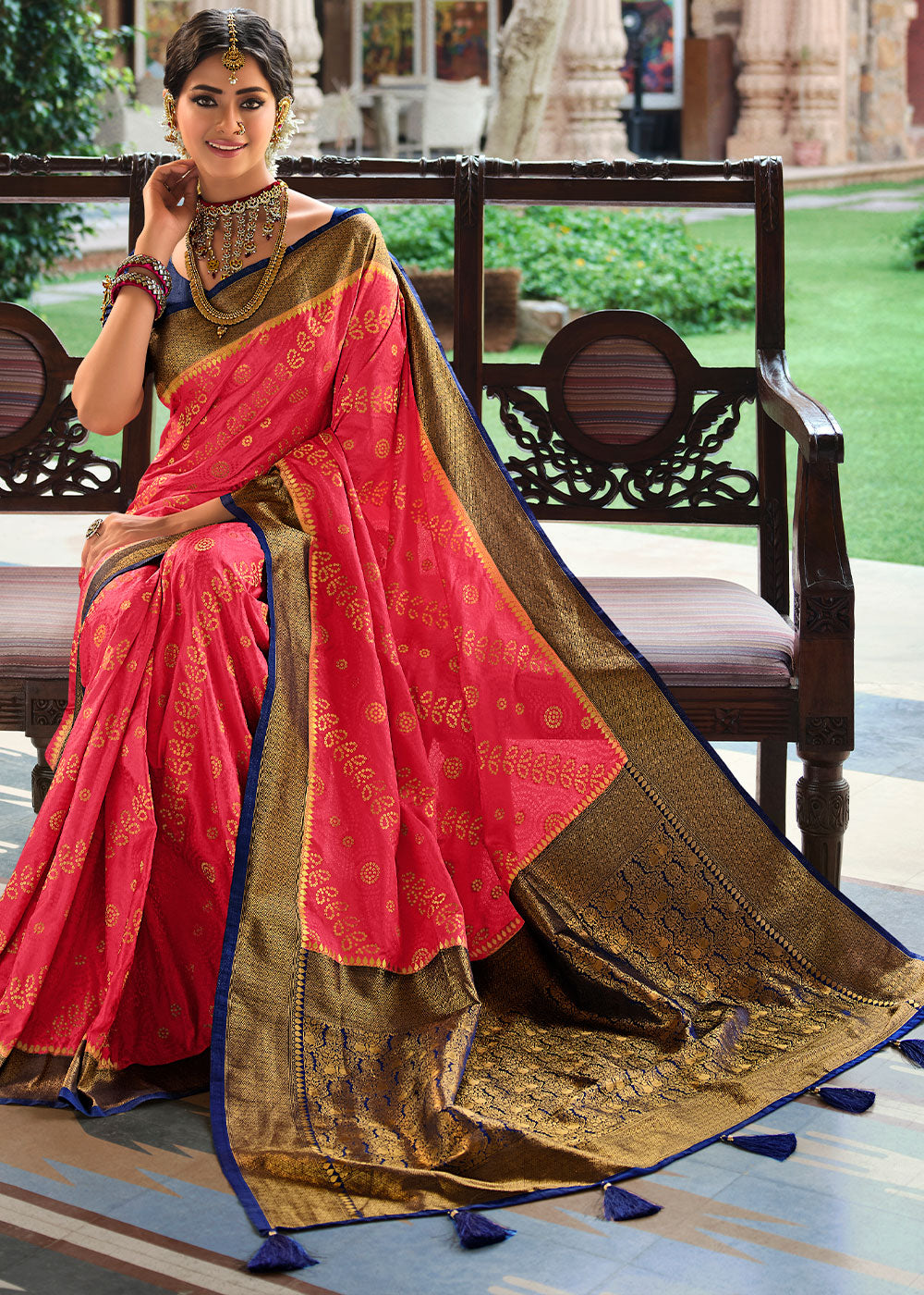 Fiery Rose Pink Zari Woven Kanjivaram Silk Saree