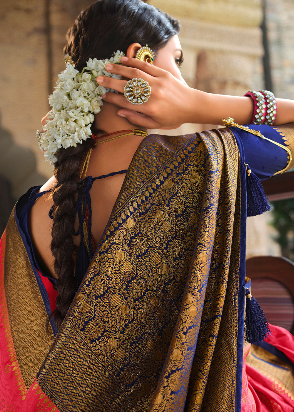 Fiery Rose Pink Zari Woven Kanjivaram Silk Saree