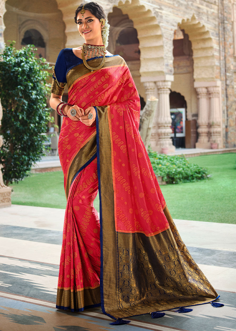 Fiery Rose Pink Zari Woven Kanjivaram Silk Saree