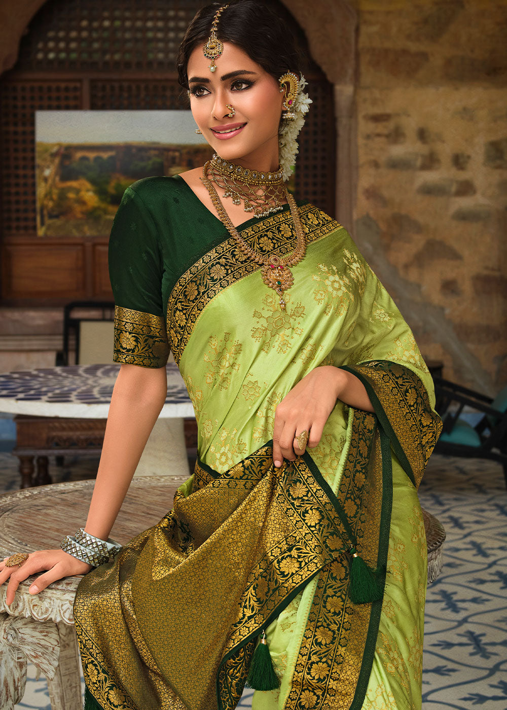 Chartreuse Green Zari Woven Kanjivaram Silk Saree