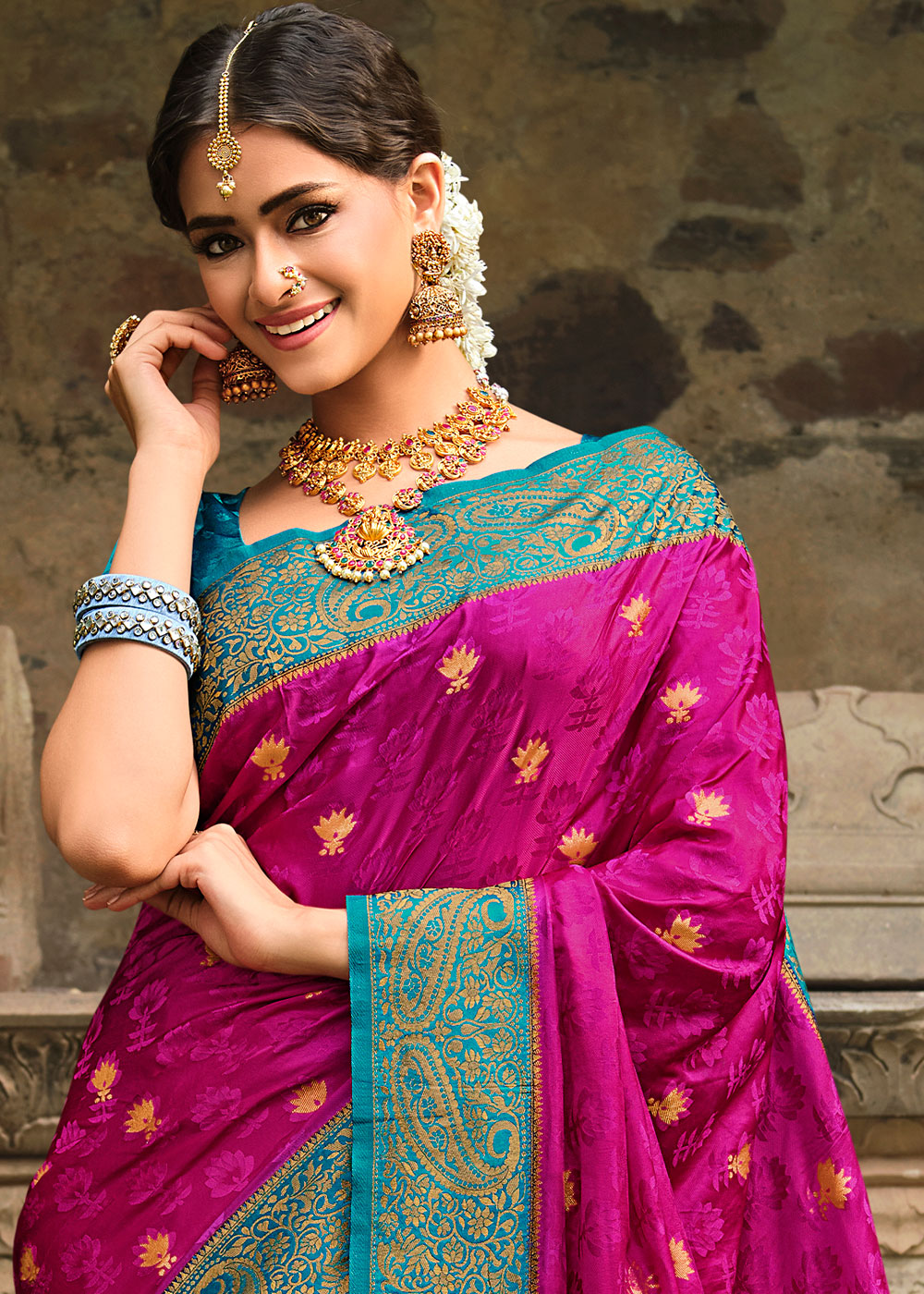 Magenta Pink Zari Woven Kanjivaram Silk Saree