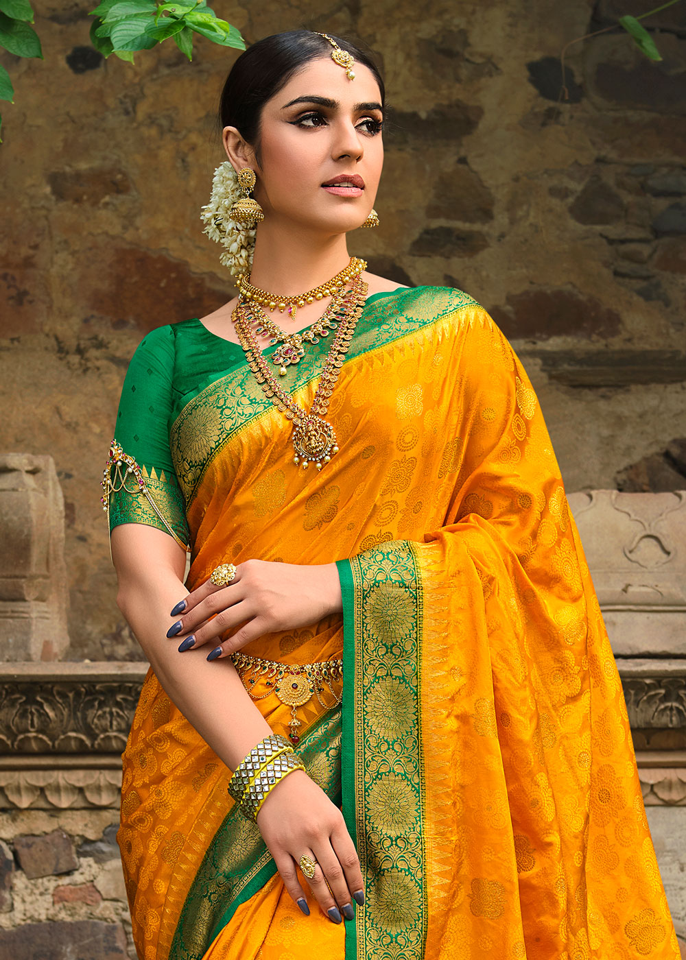 Saffron Yellow Zari Woven Kanjivaram Silk Saree