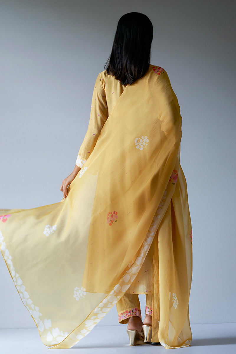 Yellow Bemberg Silk Printed Salwar Suit With Delicate Hand Embroidery on Top and Bottom