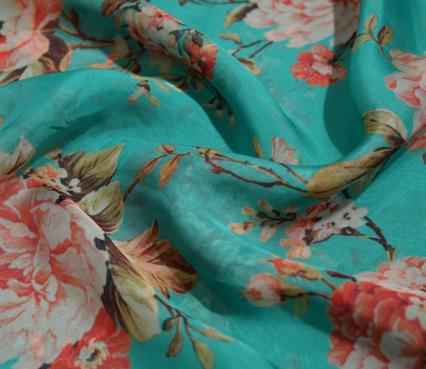 Floral Digital Printed Organza Fabric Available in Yellow and Teal Blue