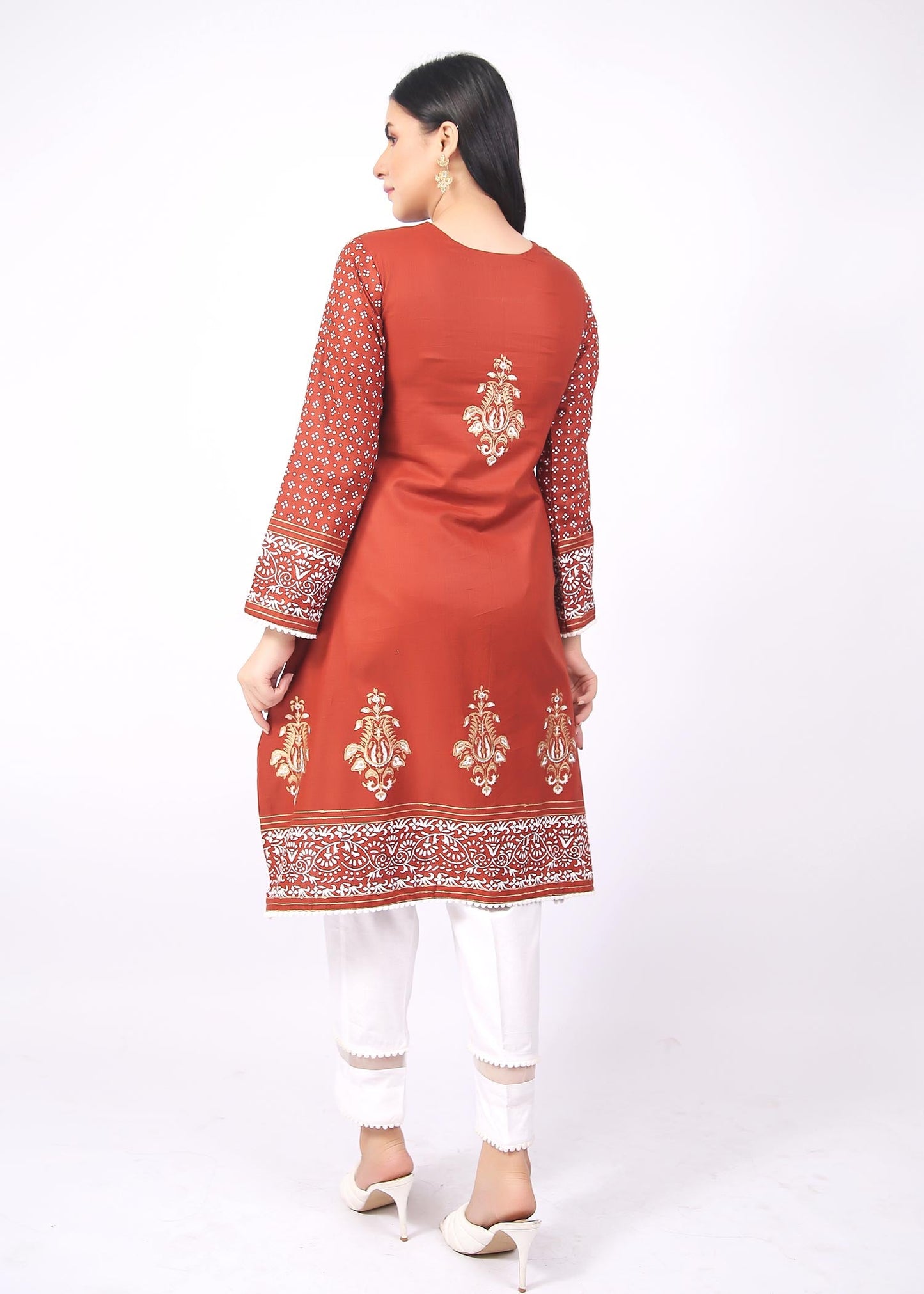 FashionPorters - Unstitched 3 Piece Block Printed Cotton Lawn Orange Rust Suit SUS22-RY15