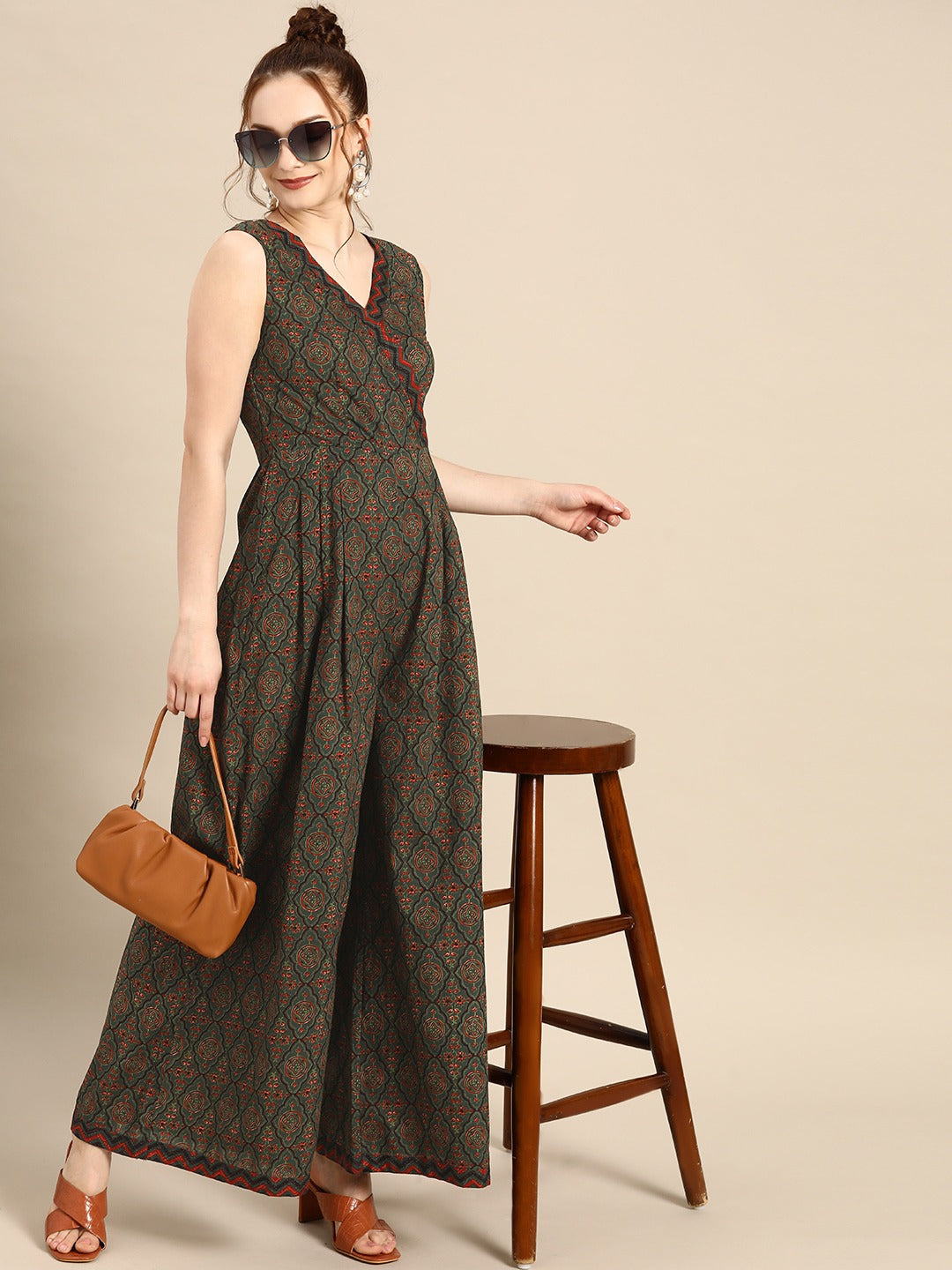 Overlap neck pleated jumpsuit