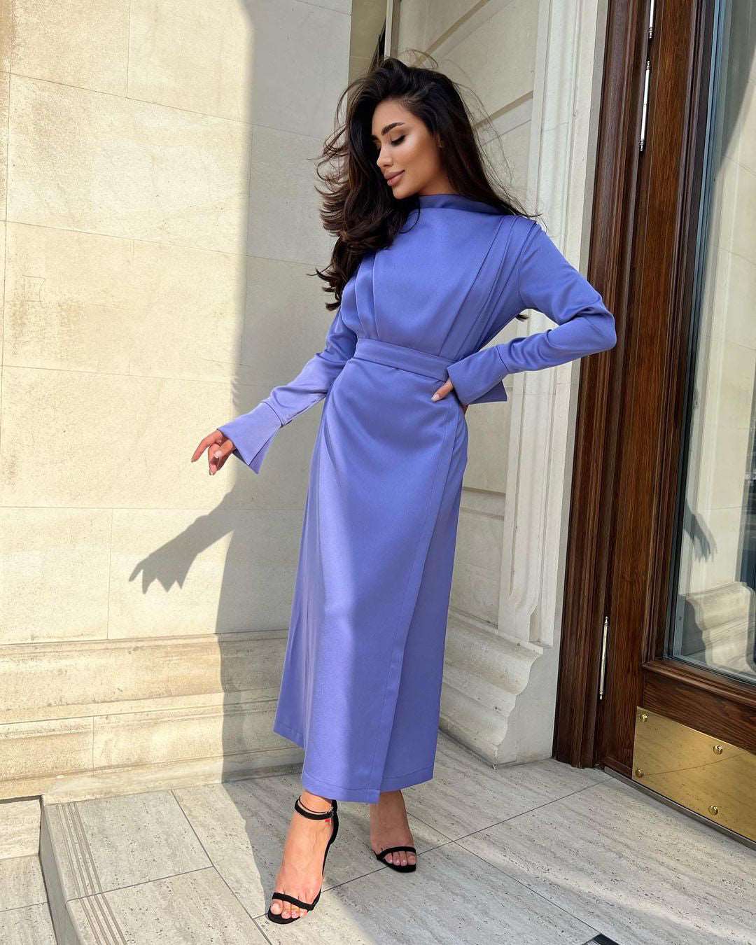 Luisa Glacier Lake Blue Pleated Full-Sleeved Midi Dress