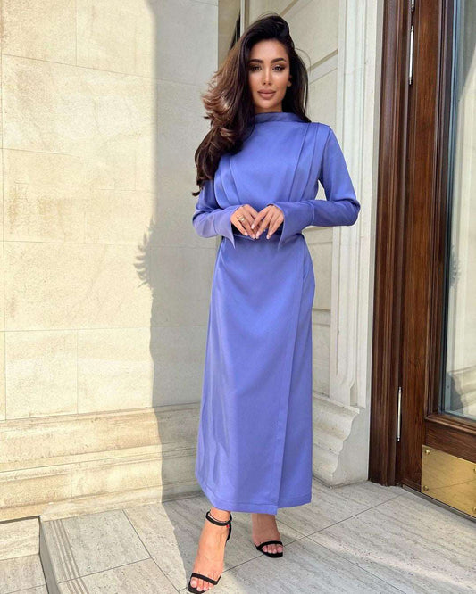 Luisa Glacier Lake Blue Pleated Full-Sleeved Midi Dress