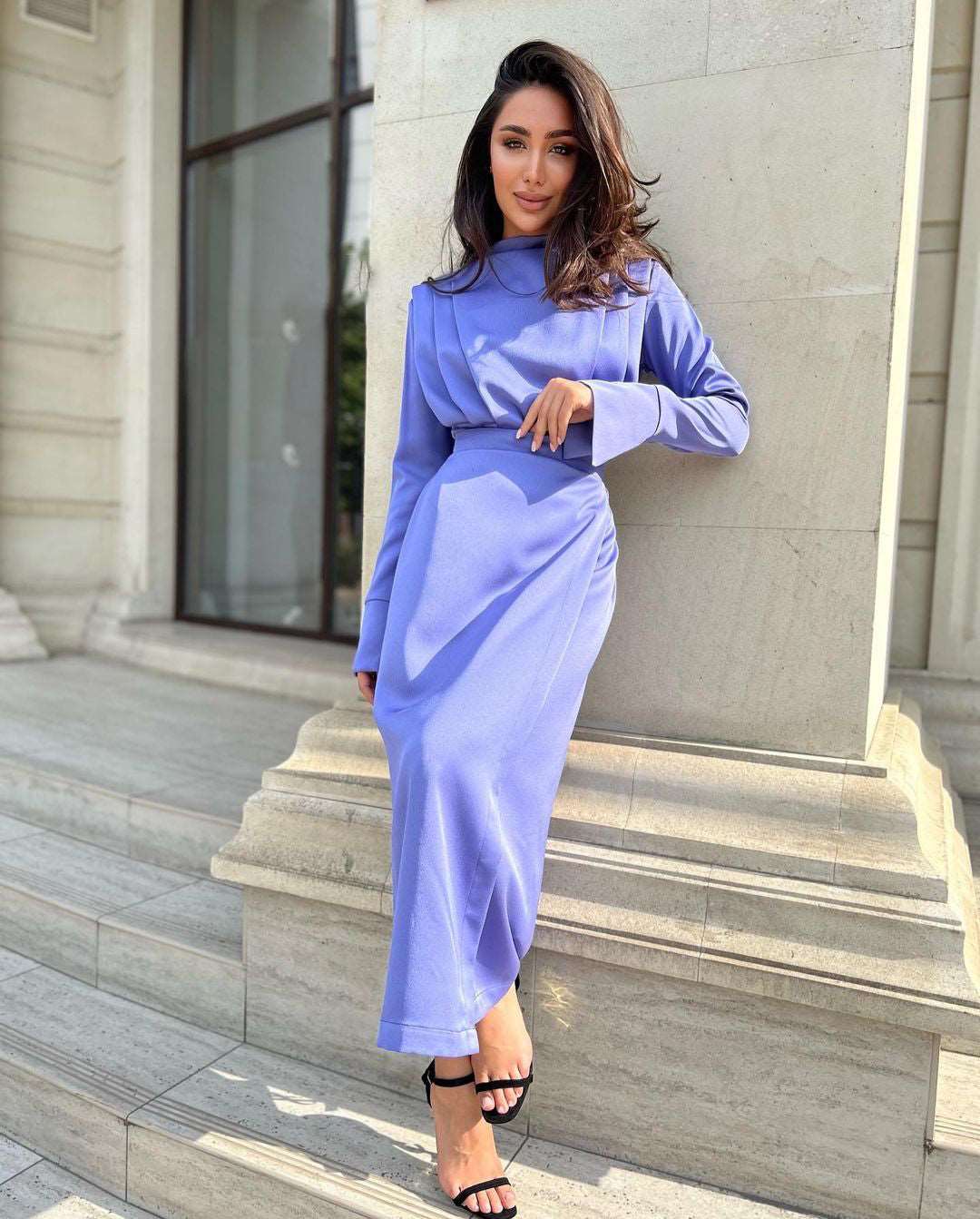 Luisa Glacier Lake Blue Pleated Full-Sleeved Midi Dress
