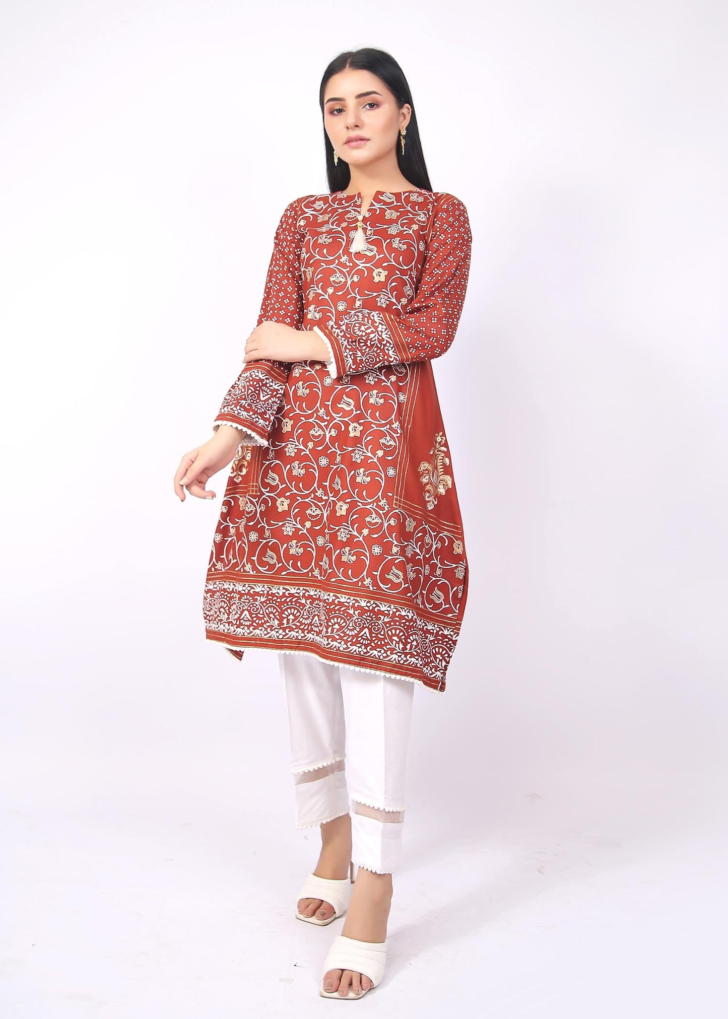 FashionPorters - Unstitched 3 Piece Block Printed Cotton Lawn Orange Rust Suit SUS22-RY15