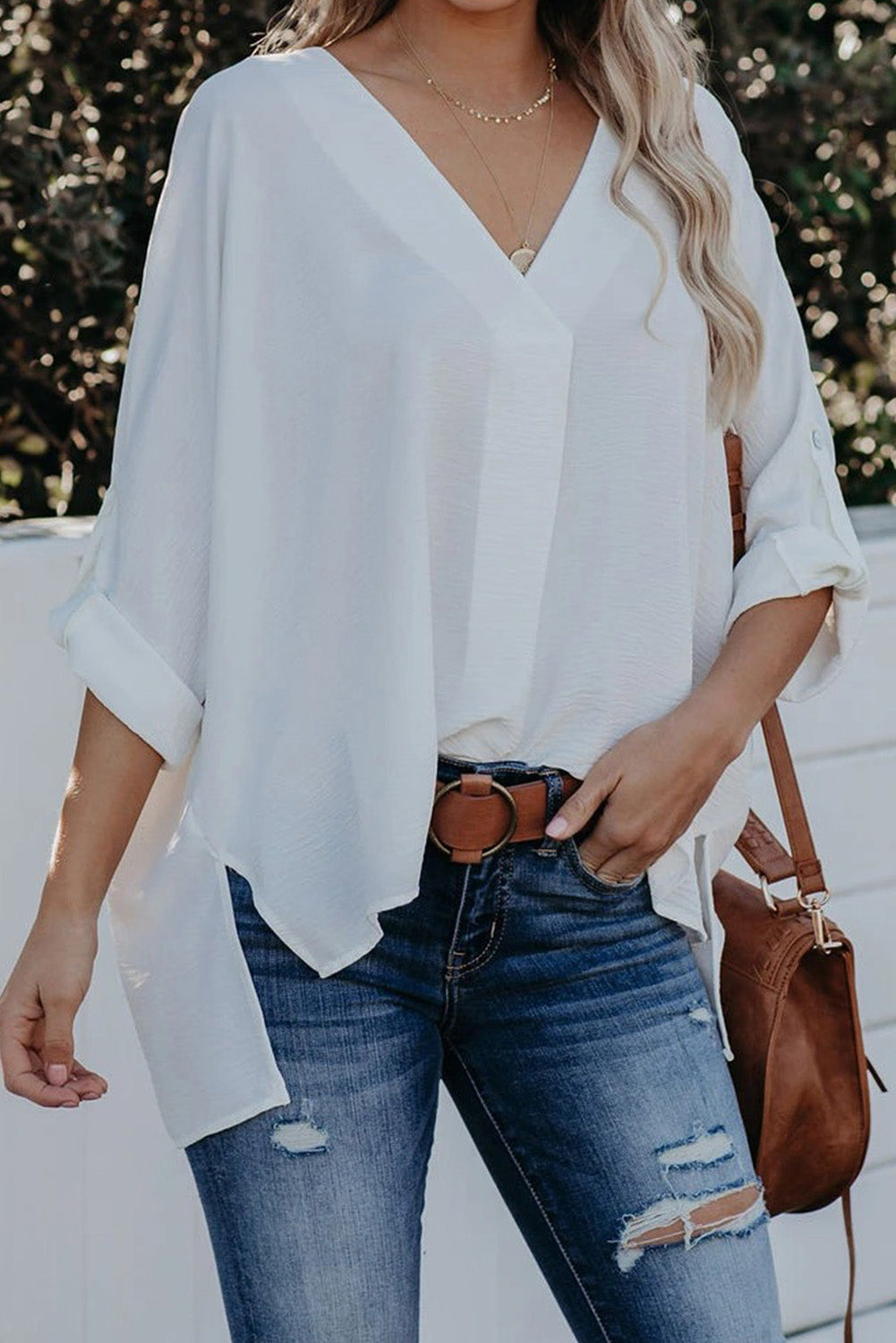 V-Neck Slit High-Low Blouse