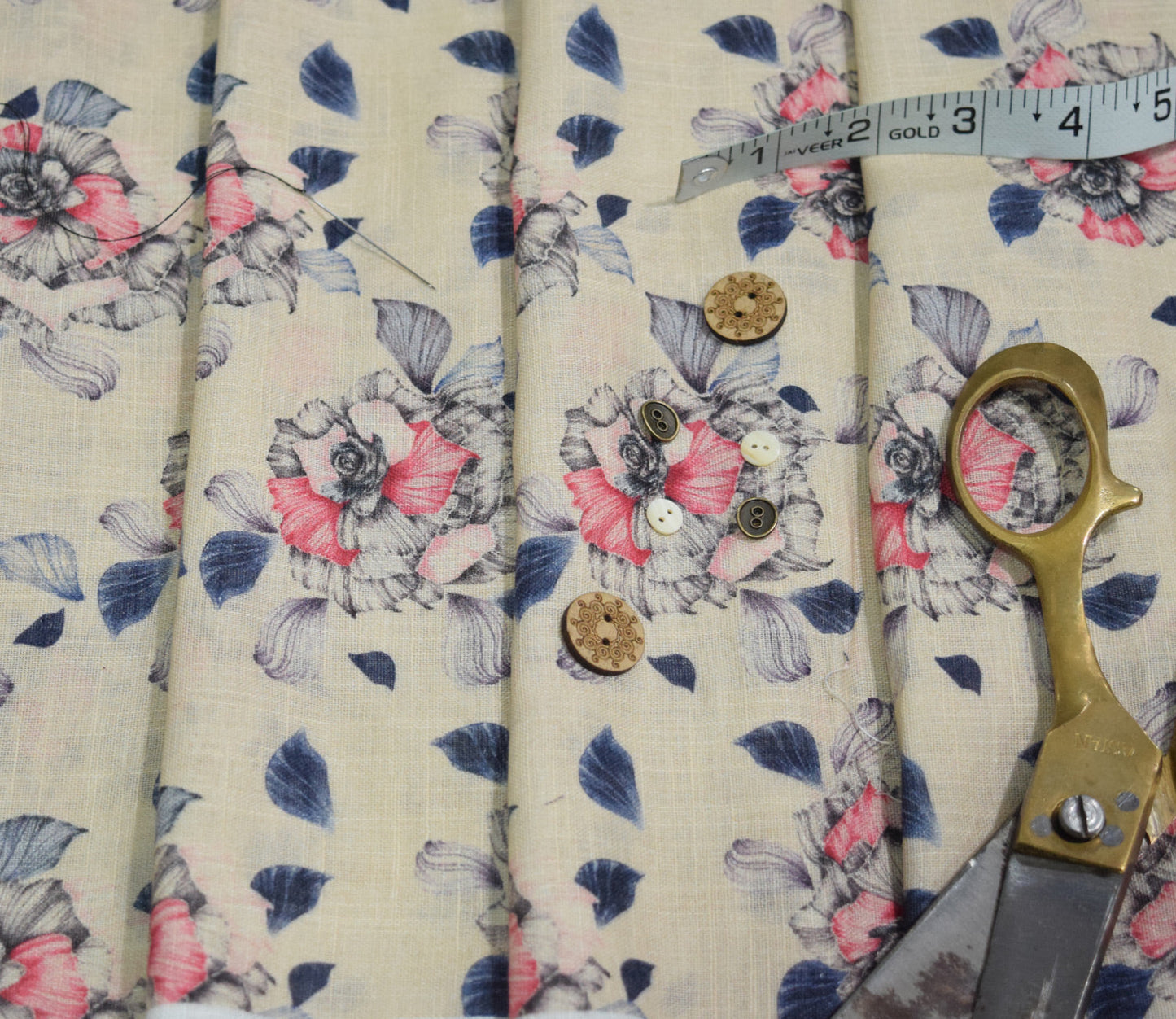 Floral Pattern Digital Printed Cotton Slub Fabric Available in Beige , Pink and Grey