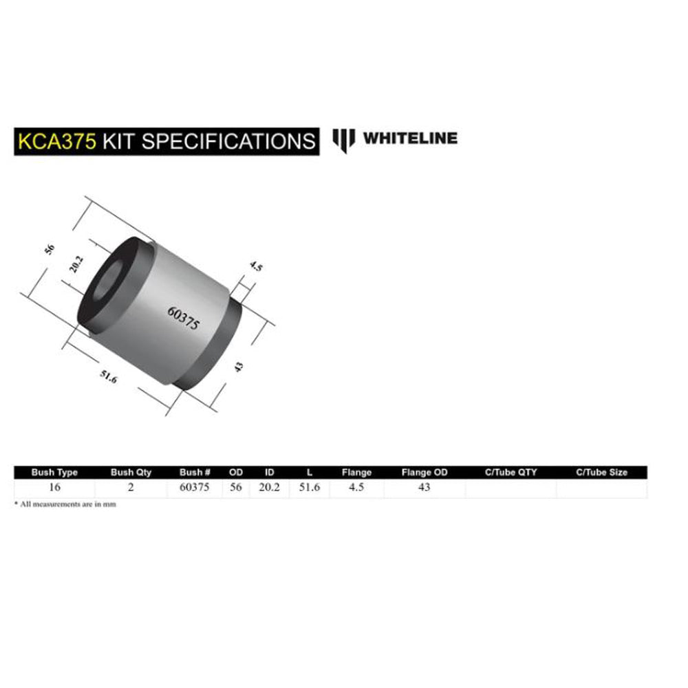 Whiteline Front Control Arm - Lower Inner Rear Bushing for 02-07 WRX Sedan and Wagon / 03-07 Impreza Non-Turbo / 04-07 STi (whlKCA375)