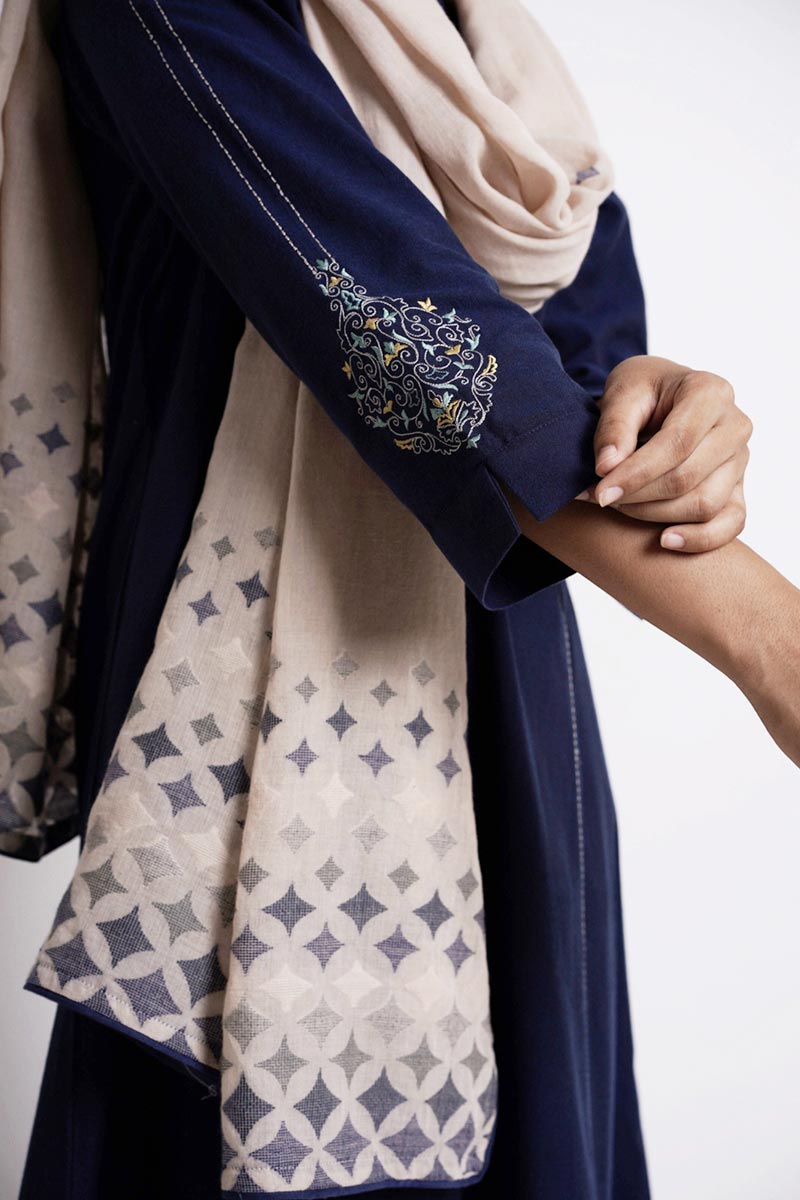 Navy Blue Embroidered Cotton Kurta With Woven Cotton Dupatta