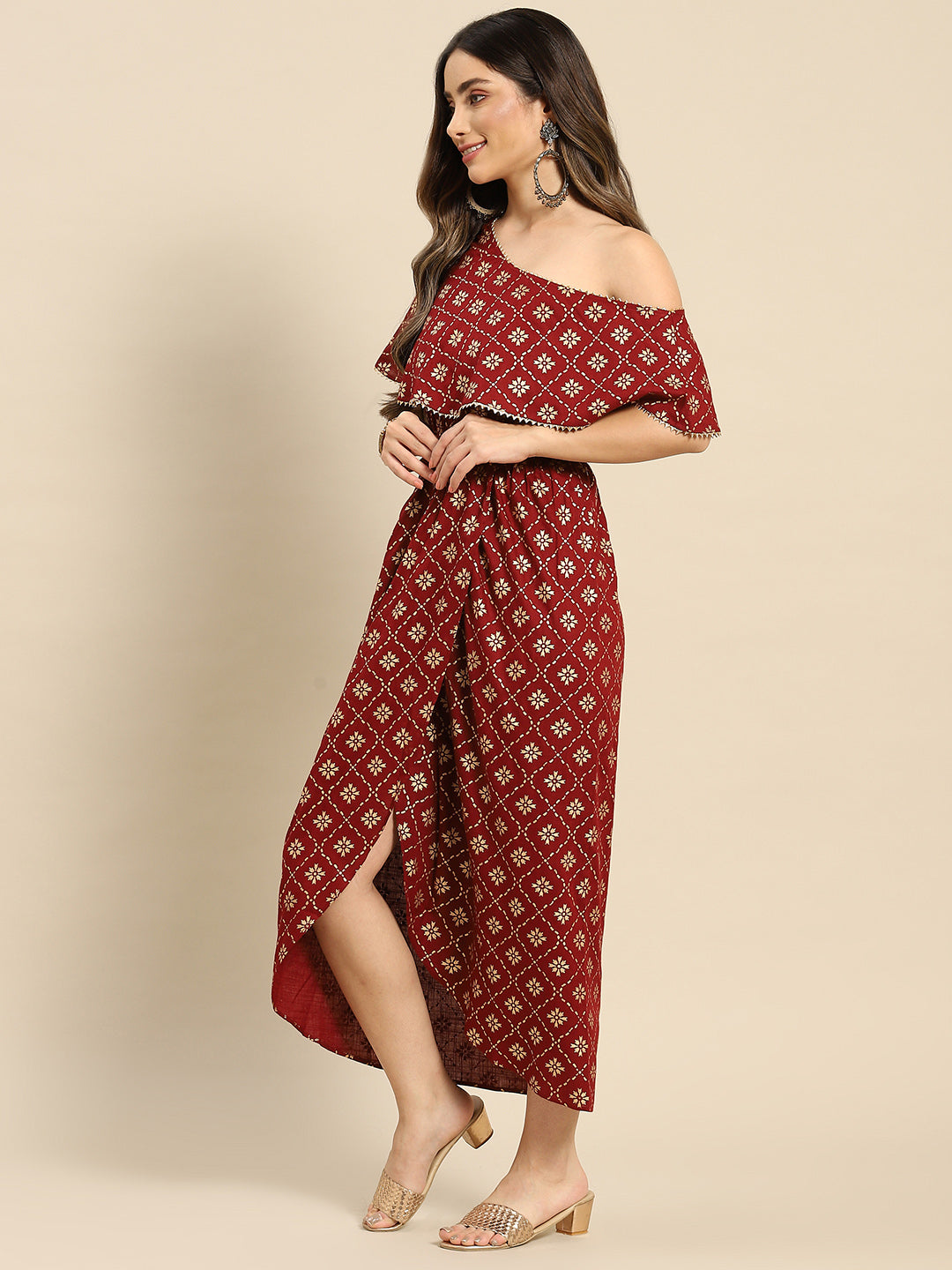 One Shoulder yoke overlap printed dress