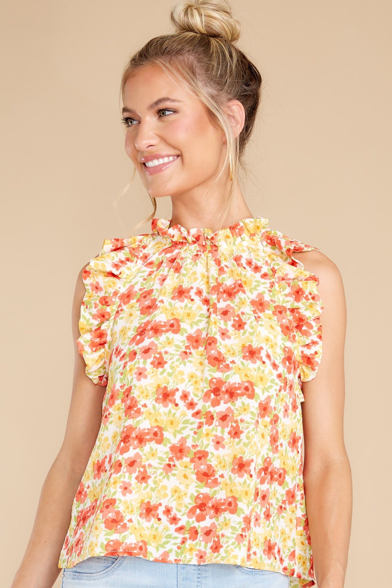 Always Grateful Coral Red Floral Print Top