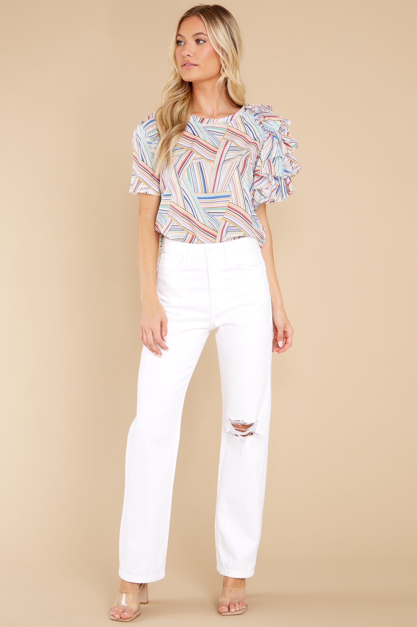 Bustle About Off White Scully Print Ruffle Shoulder Top