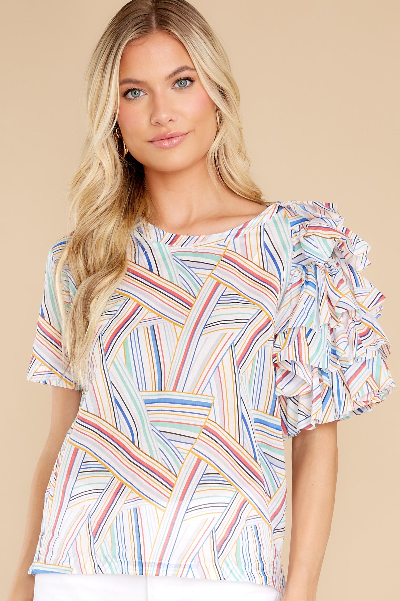 Bustle About Off White Scully Print Ruffle Shoulder Top