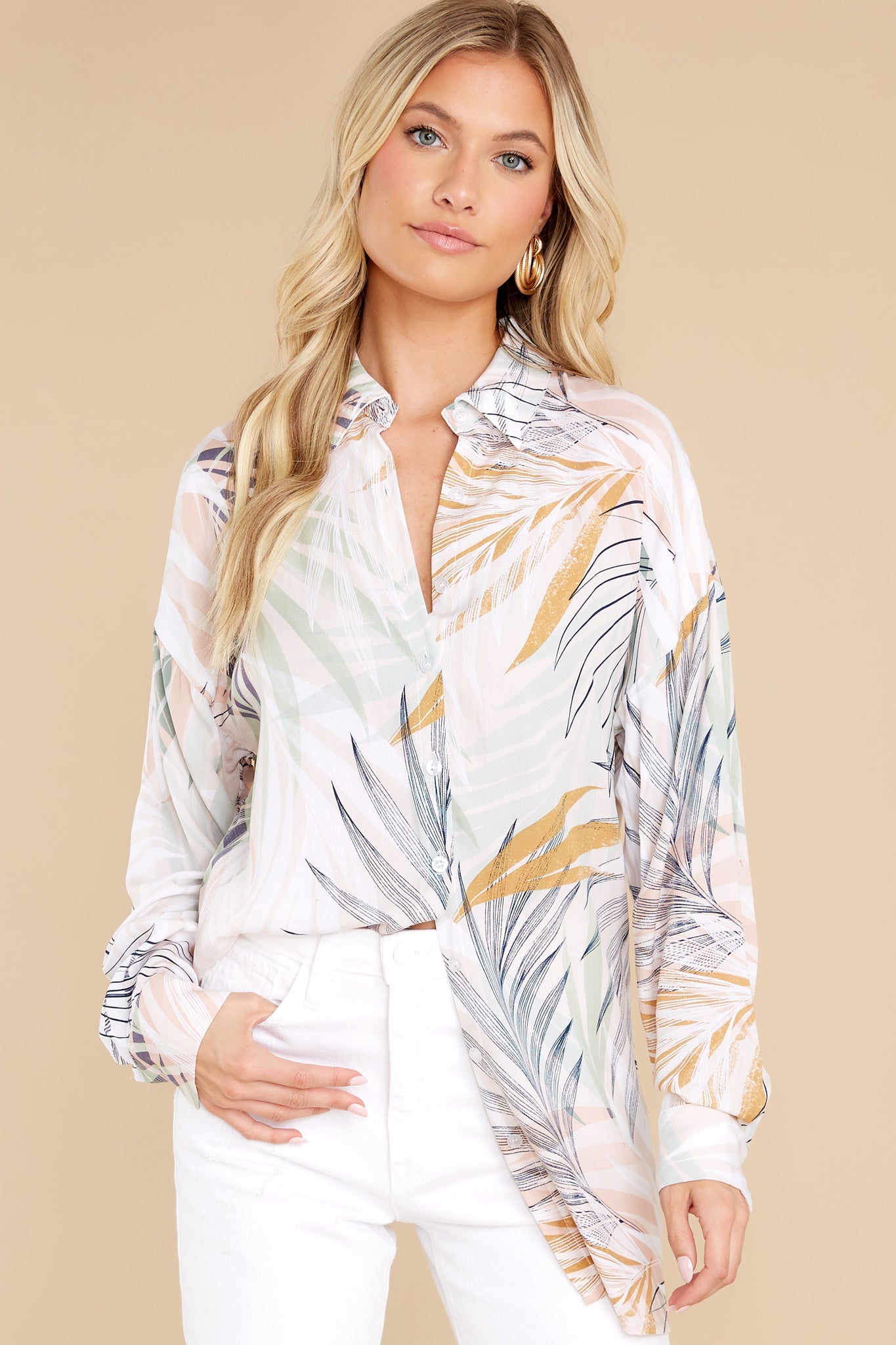 Vacation Breeze Beige Palm Beach Print Shirt