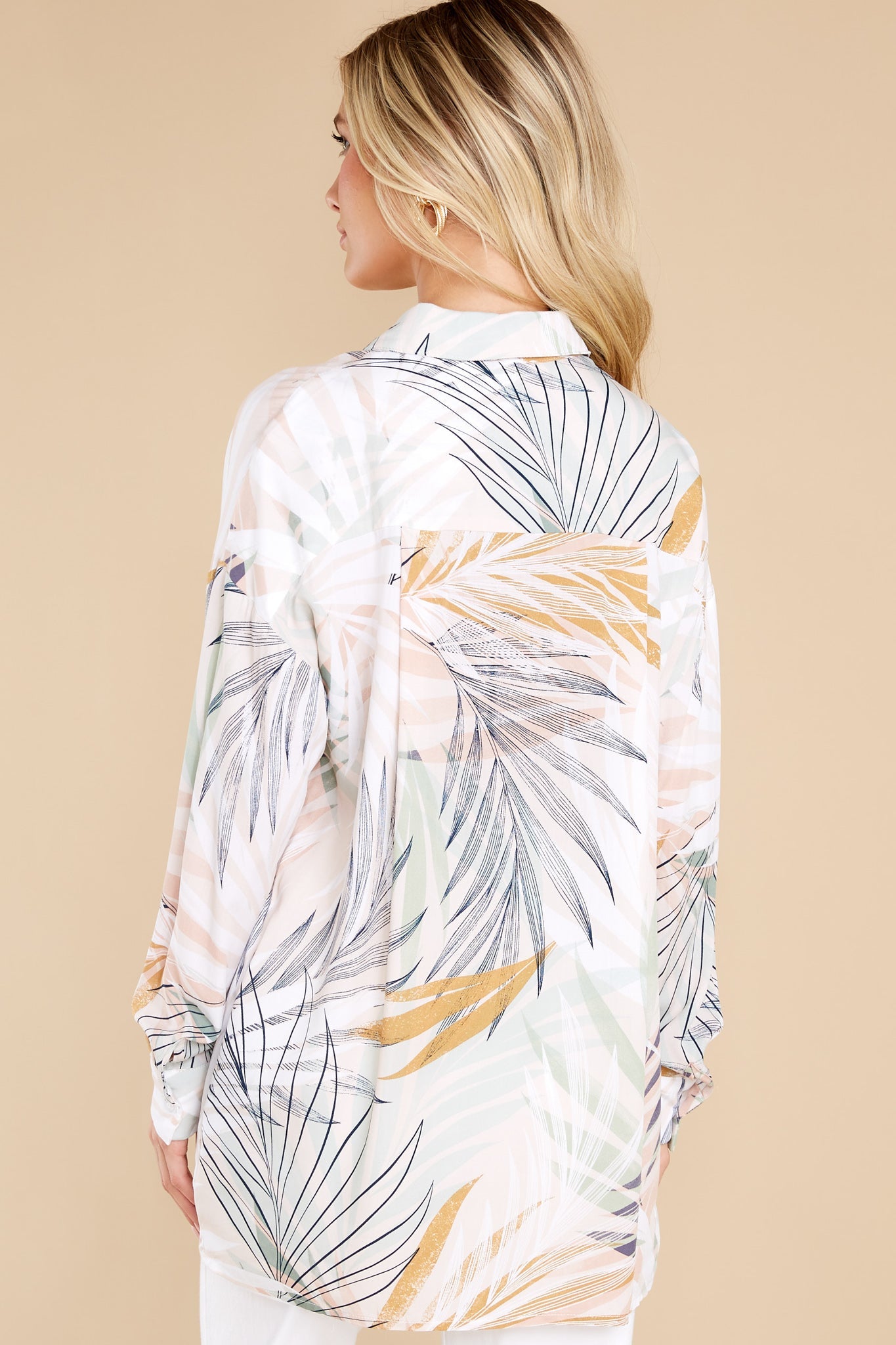 Vacation Breeze Beige Palm Beach Print Shirt