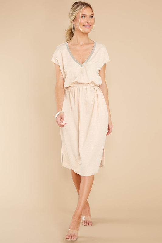 Stroll Around Town Light Beige V-Neck Jersey Midi Dress