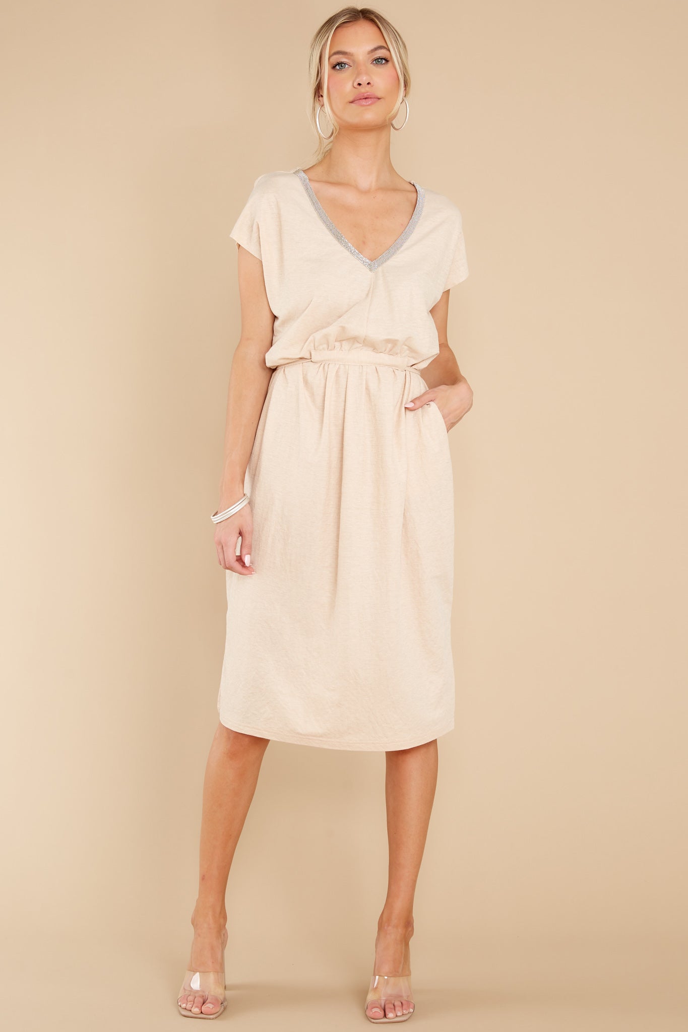 Stroll Around Town Light Beige V-Neck Jersey Midi Dress