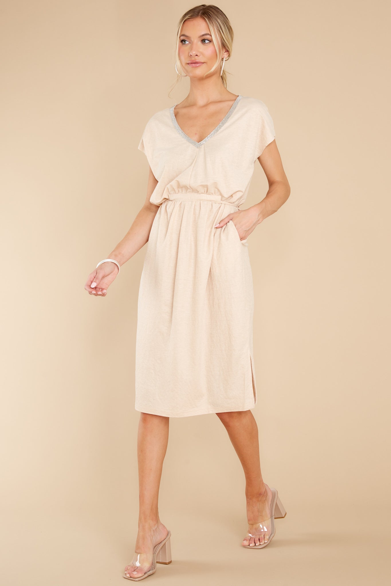 Stroll Around Town Light Beige V-Neck Jersey Midi Dress