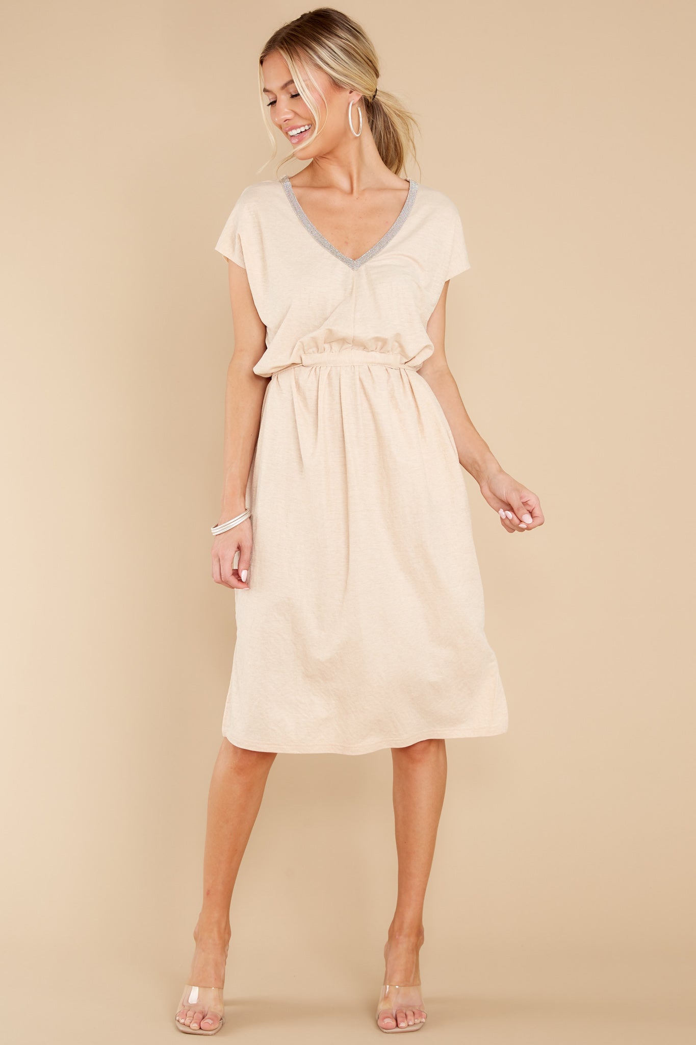 Stroll Around Town Light Beige V-Neck Jersey Midi Dress