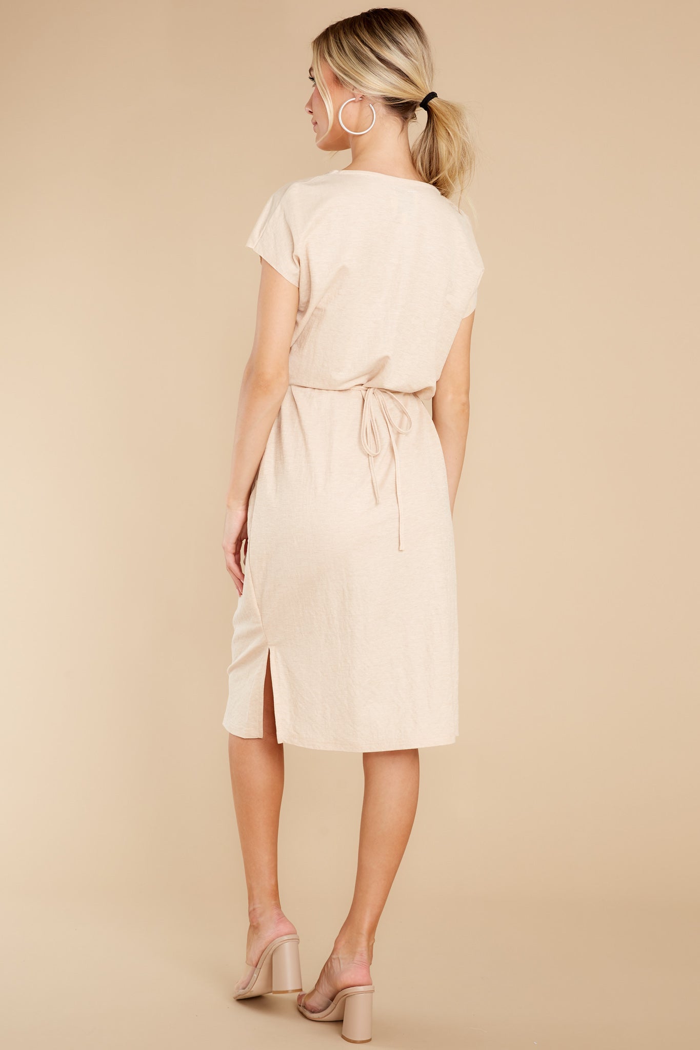 Stroll Around Town Light Beige V-Neck Jersey Midi Dress